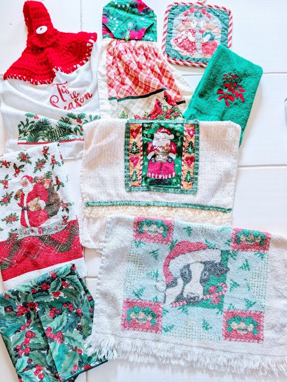 Lot of 8 VTG Christmas Kitchen Towels Cannon Pot Holder Crochet 80s 90s Retro